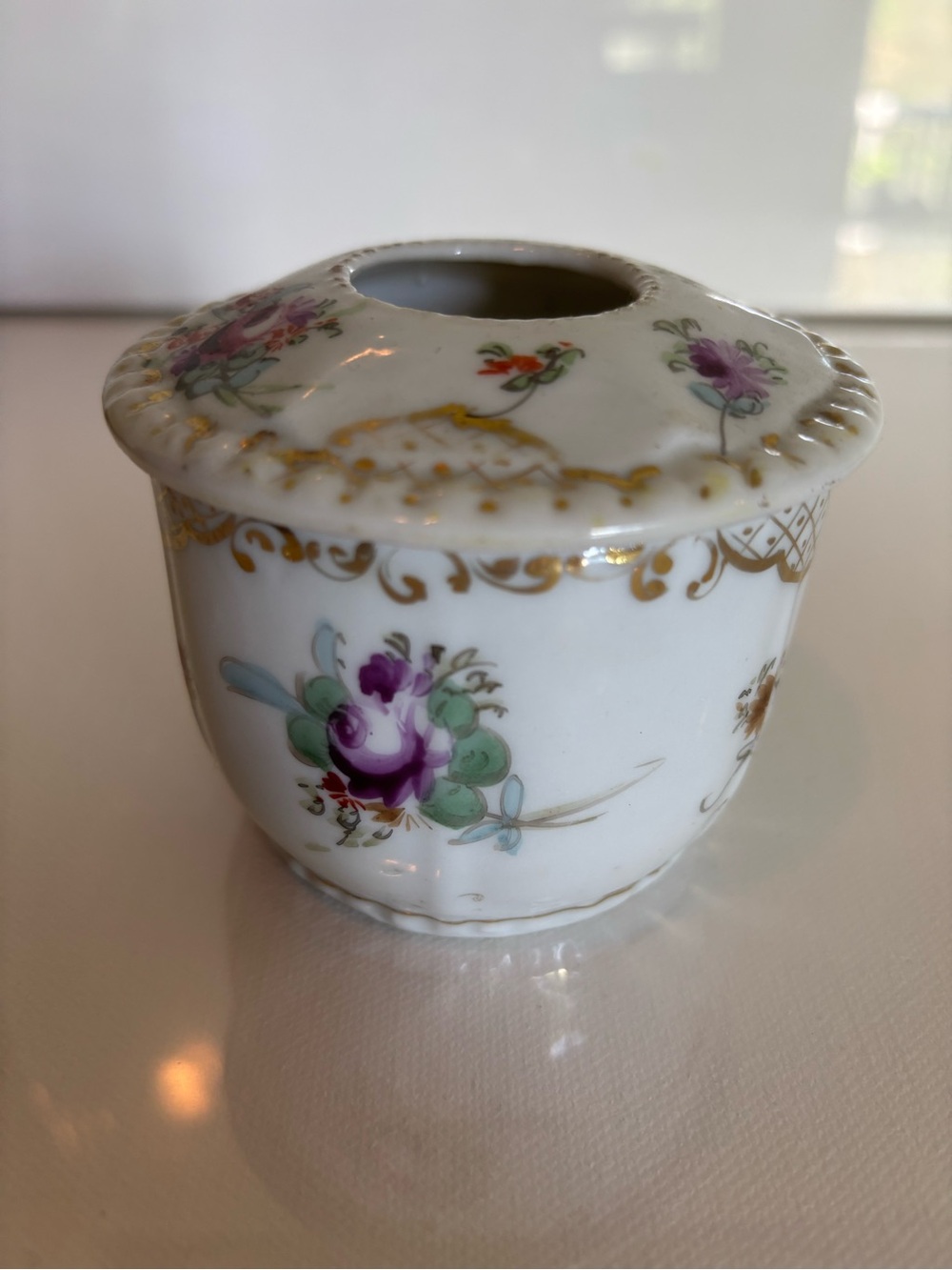 Antique Porcelain Hair Receiver White & Multi Colored Floral Gold Trim
